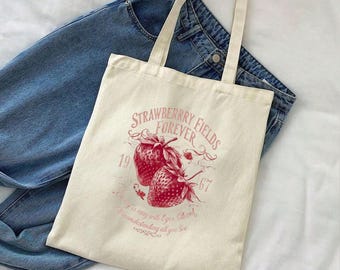 Strawberry Fields Forever Tote Bag – Beatles Inspired Tote, Music Fan Gift, Reusable Canvas Bag, Vintage Rock Graphic Tote