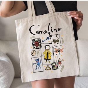 Coraline Inspired Tote Bag, Cute Spooky Canvas Bag, Gothic Aesthetic Book Lover Tote, Fall Halloween Gift image 2