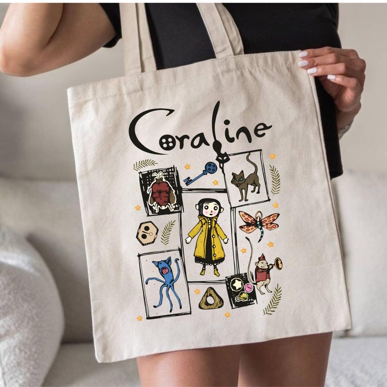 Coraline Inspired Tote Bag, Cute Spooky Canvas Bag, Gothic Aesthetic Book Lover Tote, Fall Halloween Gift image 2