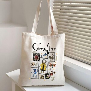Coraline Inspired Tote Bag, Cute Spooky Canvas Bag, Gothic Aesthetic Book Lover Tote, Fall Halloween Gift image 3