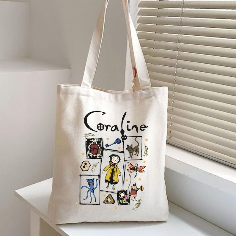 Coraline Inspired Tote Bag, Cute Spooky Canvas Bag, Gothic Aesthetic Book Lover Tote, Fall Halloween Gift image 3