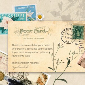 May include: Vintage postcard with the words "Post Card" and a handwritten thank you message. The postcard has stamps, a daisy, and a sprig of flowers. The text reads "Thank you so much for your order!" and "Thank and best regards, Kapeliushok."