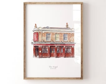 May include: A framed watercolor print depicting a two-story brick building with a red storefront, identified as The Angel, Rotherhithe. The illustration features a corner entrance, multiple windows, and a red sign with the text The Angel.