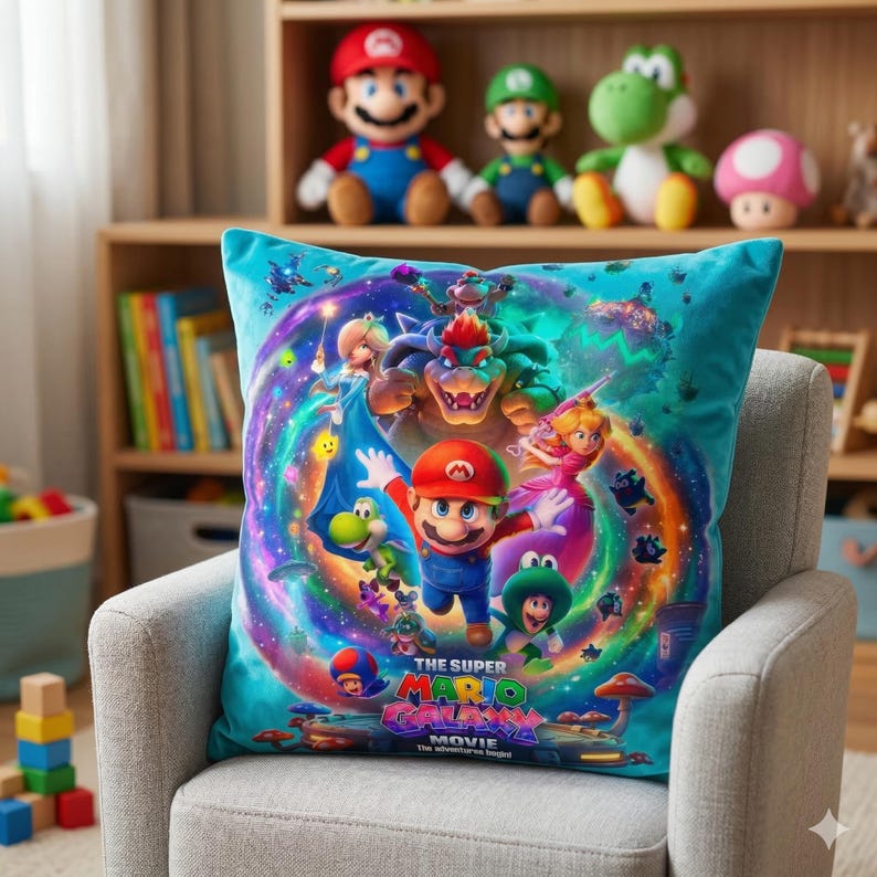 May include: A teal square pillow featuring a colorful graphic from "The Super Mario Bros. Movie." The design includes Mario, Luigi, Princess Peach, Bowser, and Yoshi, set against a swirling galaxy background. Plush toys of Mario, Luigi, and Yoshi are visible in the background.