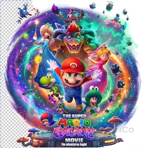 May include: A vibrant movie poster for "The Super Mario Galaxy Movie" featuring Mario, Princess Peach, Bowser, and other characters against a colorful galaxy backdrop. The title is prominently displayed with the tagline "The adventures begin!"