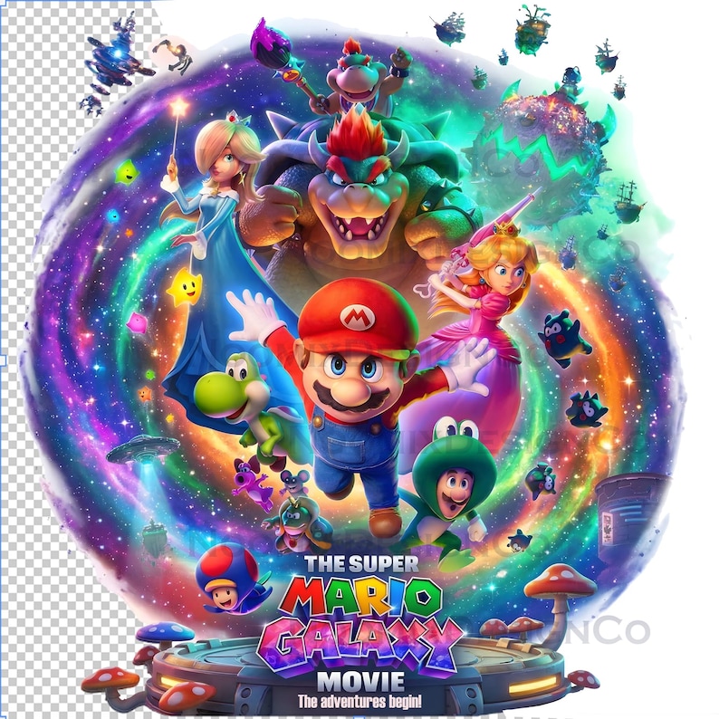 May include: A vibrant movie poster for "The Super Mario Galaxy Movie" featuring Mario, Princess Peach, Bowser, and other characters against a colorful galaxy backdrop. The title is prominently displayed with the tagline "The adventures begin!"