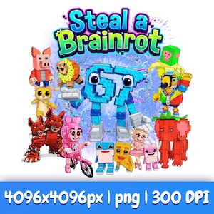 May include: A digital illustration featuring the text "Steal a Brainrot" in a vibrant, pixelated style. The image showcases a collection of colorful, blocky cartoon characters, including a pig, lion, cat, and a blue robot-like figure. The image also includes the image resolution.