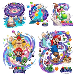 May include: A collection of colorful digital illustrations featuring characters from the Super Mario Galaxy movie. The images showcase Mario, Princess Peach, Yoshi, and other characters in a space-themed setting with the movie title.