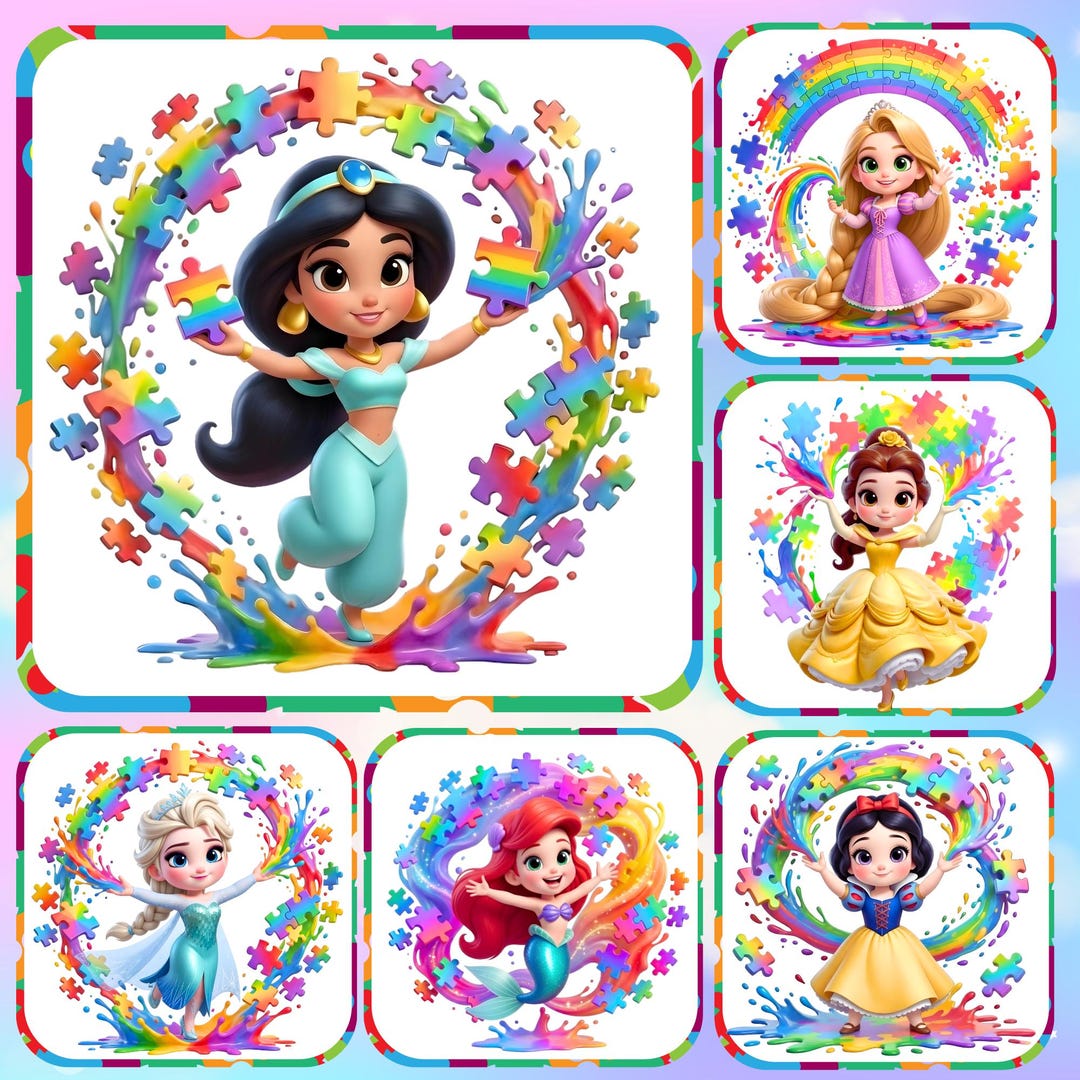Princess Autism Puzzle Splash Bundle PNG Chibi Cartoon Royal Girls ...