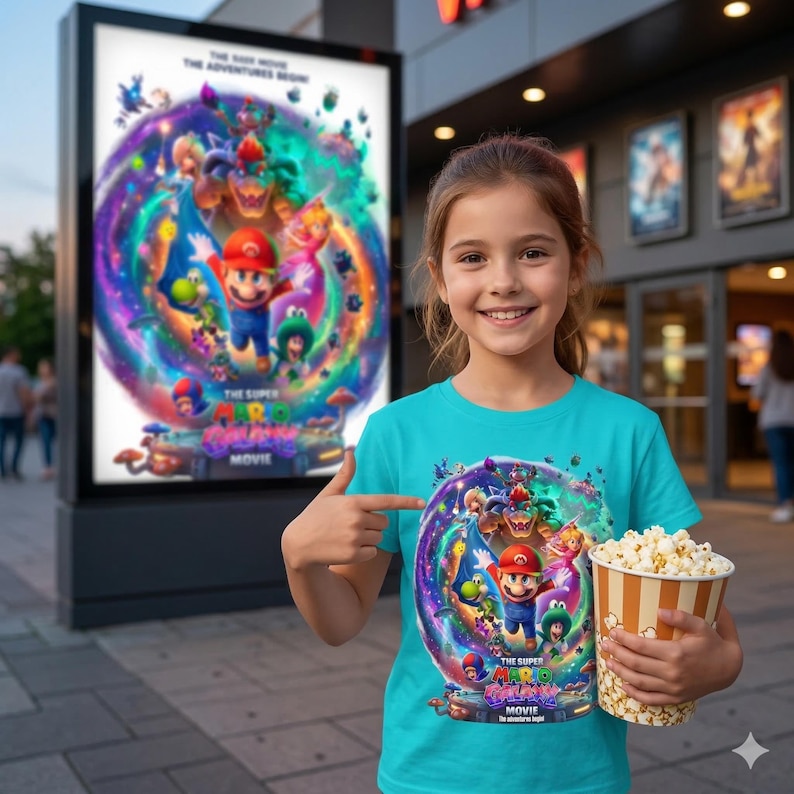 May include: A young girl points to a teal t-shirt featuring a colorful graphic from "The Super Mario Bros. Movie." The design includes Mario, Luigi, Princess Peach, and Bowser. She holds a popcorn container in front of a movie poster.
