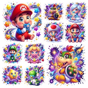 以下が含まれることがあります： スーパーマリオのビデオゲームシリーズのキャラクターの赤ちゃん版を描いた、カラフルな漫画風イラストのコレクション。 各キャラクターは、おしゃぶりをしており、星と宇宙効果に囲まれています。