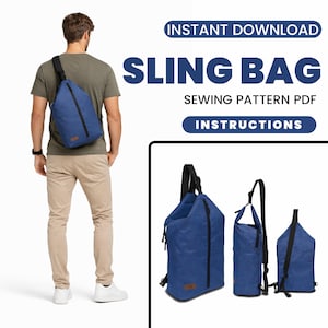 May include: Blue sling bag with black straps and zipper, worn over the shoulder. The image includes the text "SLING BAG" and "SEWING PATTERN PDF INSTRUCTIONS". Additional images show the bag from different angles.