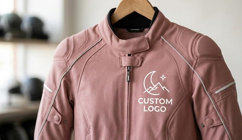 Close-up shot of the upper torso of a dusty pink ladies' leather motorcycle jacket. The image highlights the premium cowhide texture, white piping details, shoulder padding, and a sharp white geometric moon-and-mountain logo with the text "CUSTOM LOGO" printed on the chest.