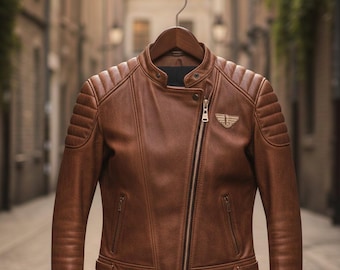 Women's Brown Leather Cafe Racer Jacket – Slim Fit Biker Style, Custom Made