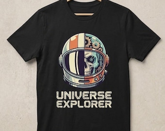 Universe Explorer Graphic Tee – Astronaut Skull Cotton Shirt with Cowhide Accents