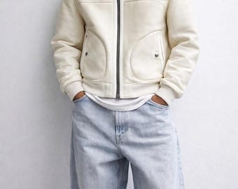 Off-White Shearling Leather Bomber Jacket – Men's Winter Streetwear