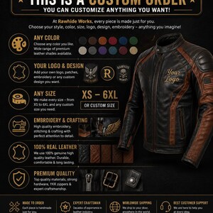May include: A black and brown leather motorcycle jacket with a stand-up collar, front zip, and an American flag patch on the sleeve. The graphic includes text detailing custom order options, size ranges from XS to 6XL, and leather quality.