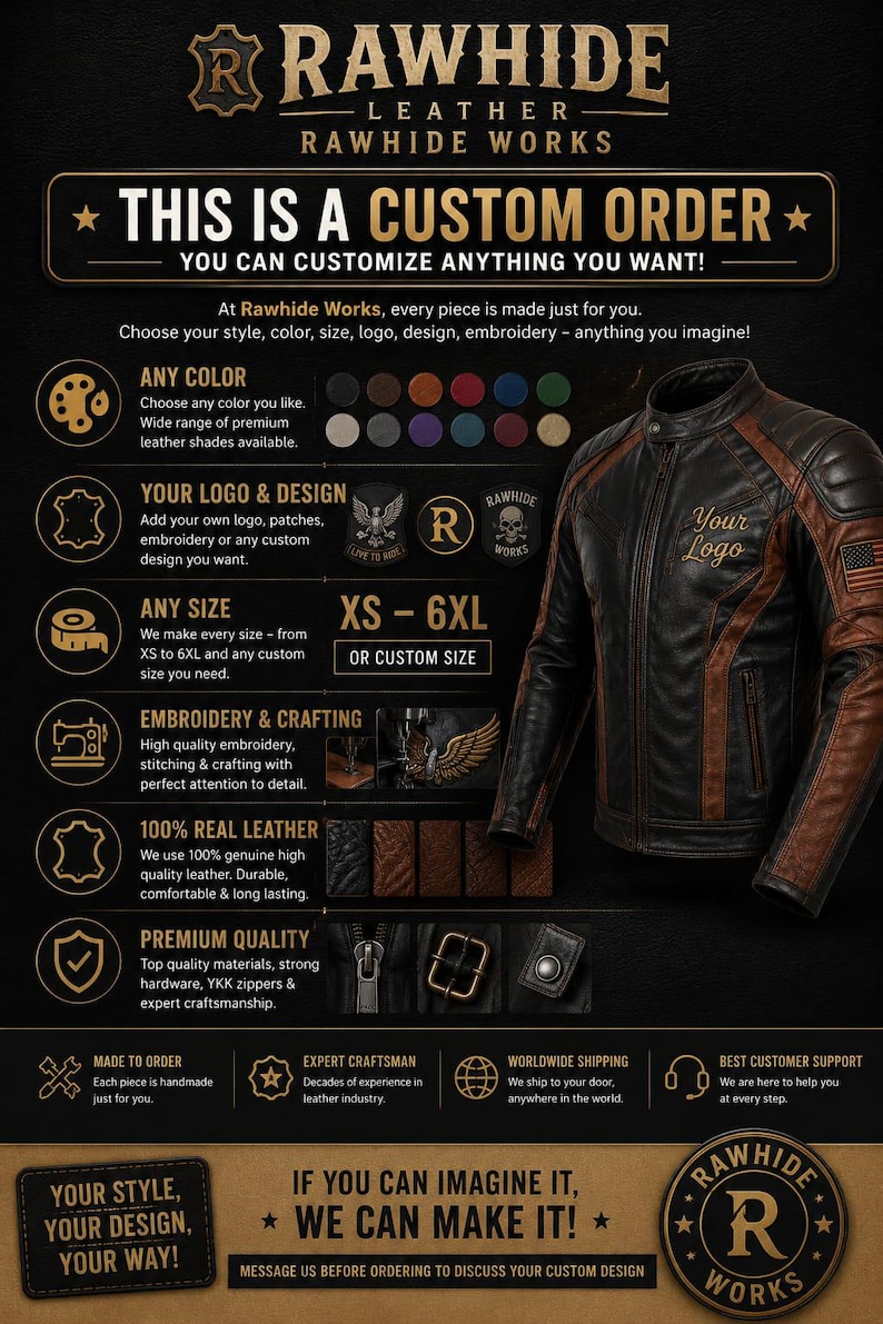 May include: A black and brown leather motorcycle jacket with a stand-up collar, front zip, and an American flag patch on the sleeve. The graphic includes text detailing custom order options, size ranges from XS to 6XL, and leather quality.