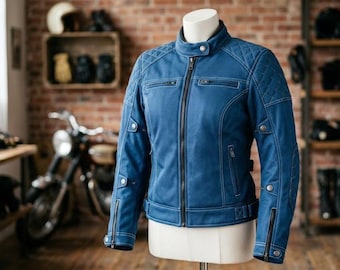 Blue Cowhide Leather Riding Jacket for Women Slim Fit Female Biker Suit Luxury Real Leather Girls Motorbike Protective Gear Made to Order