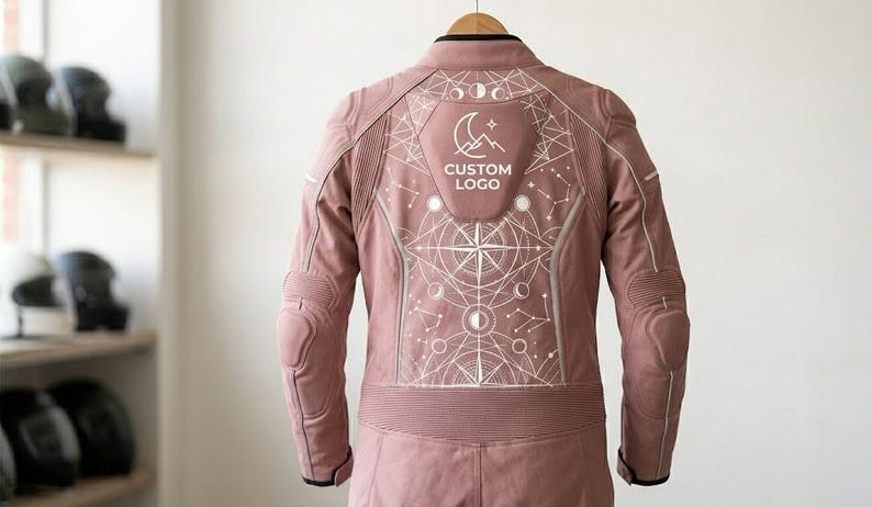 Upper back view of a pink female leather riding suit showing a detailed, white abstract geometric print. The intricate design includes a compass star, moon phases, and a custom logo on the upper back panel, completely free of pockets for a smooth finish.