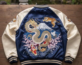 Chaqueta Sukajan bordada personalizada: Dragón, Tigre, Koi Mt. Fuji Bomber