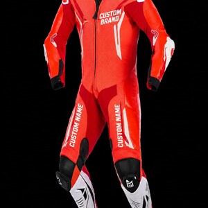 red motorbike protective gear
custom logo motorcycle suit
leather racing suit front view
