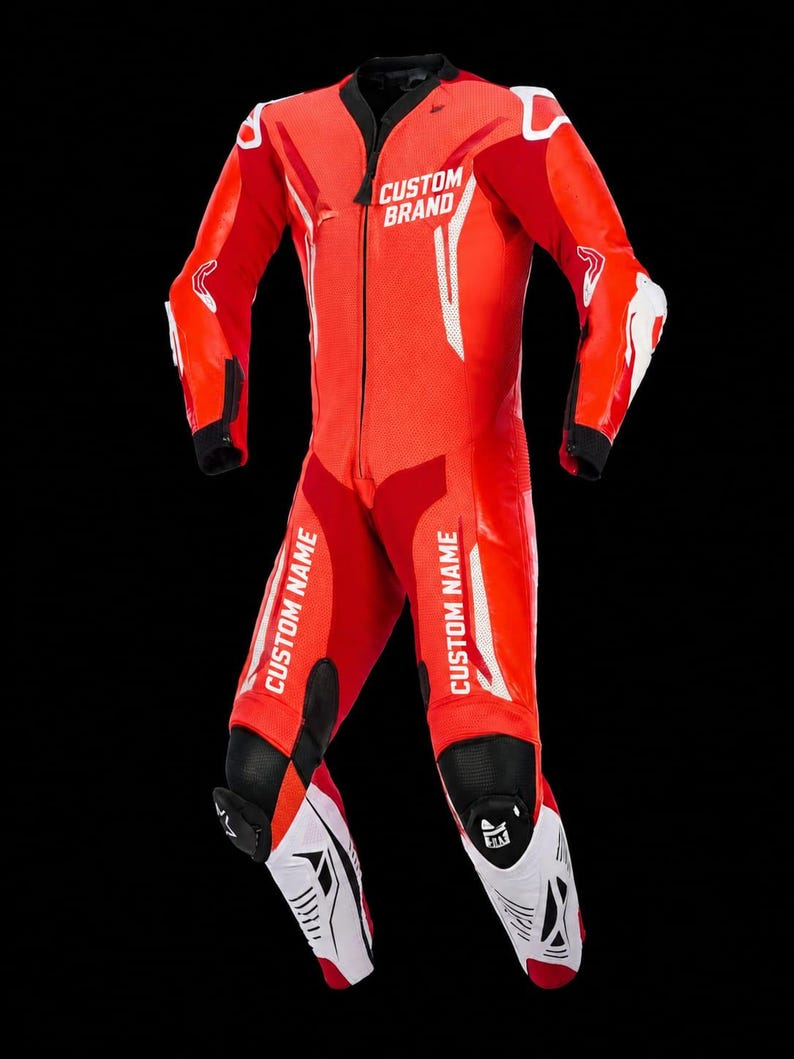 red motorbike protective gear
custom logo motorcycle suit
leather racing suit front view