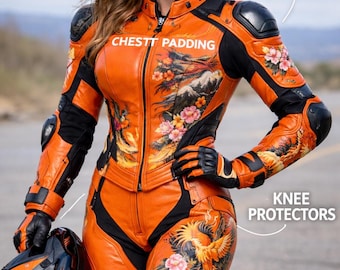 Orange Armored Leather Motorcycle Riding Suit | Phoenix Art Biker Racing Gear