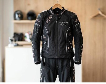 Custom Women's Cowhide Leather Biker Suit – Floral Embroidery, Full Protection Two-Piece Outfit