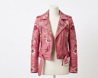 Embroidered Pink Leather Biker Jacket: Floral Butterfly Cowhide Outerwear