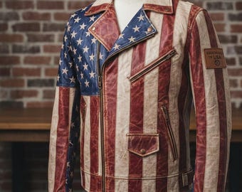 Chaqueta de motociclista de cuero desgastada con bandera estadounidense: abrigo de moto vintage de EE. UU.