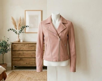 Handmade Blush Pink Cowhide Leather Moto Jacket for Women – Minimalist Soft Genuine Leather
