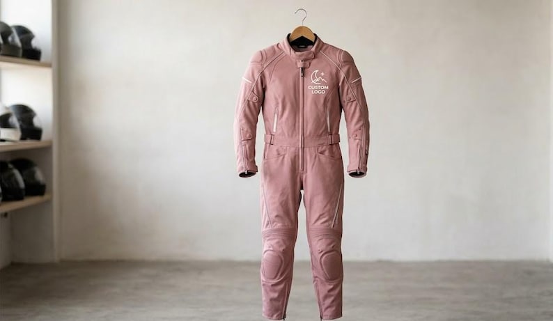 Front full-length view of a minimalist pink women's cowhide leather riding suit hanging on a wooden hanger inside a motorcycle gear shop. The sleek one-piece suit features integrated knee pads, a central zipper, and a white minimalist custom logo printed on the left chest.