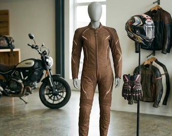 Women's Brown Cowhide Leather Motorcycle Riding Suit – Full Body Track Gear