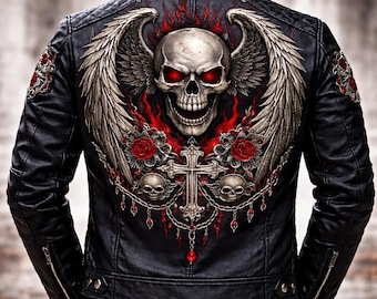 Handmade Gothic Skull Leather Biker Jacket, Mens Embroidered Motorcycle Apparel