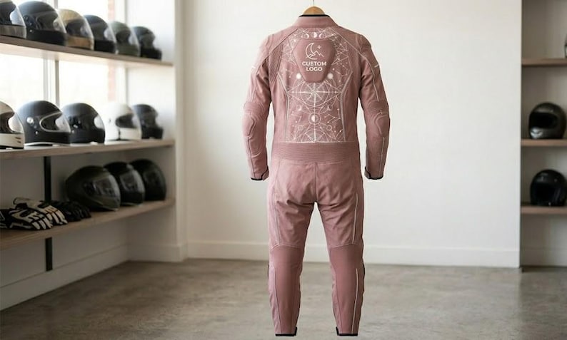 Full-length rear view of a women's pink cowhide leather one-piece bike racing suit hanging in a showroom. The suit showcases a clean minimalist silhouette without back pockets, detailed cosmic line-art on the back, accordion stretch panels at the waist, and protective leg padding.