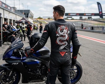 Custom Sukajan Dragon Cowhide Leather Biker Racing Suit – Men's One Piece Gear