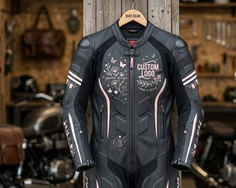 Custom Floral Women Leather Riding Suit Black Cowhide Leather Motorbike Race One Piece Biker Suit Floral Aesthetic Made to Order Riding Gear