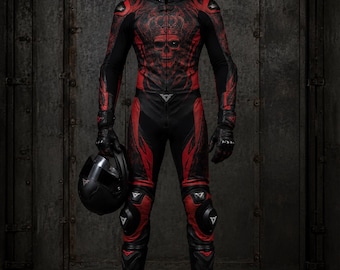 Custom Gothic Motorcycle Riding Suit Black Red | MotoGP Racing Suit | Cowhide Leather | Kevlar Protection | CE Approved Protectors