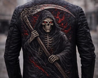Men's Grim Reaper Skeleton Leather Biker Jacket, Gothic Motorcycle Rider Apparel
