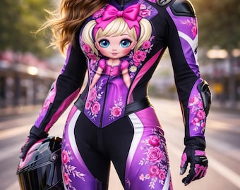 Custom Women's Motorcycle Suit – Kevlar Reinforced Leather Biker Racing Gear Floral Doll Design