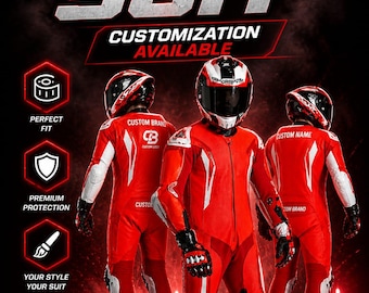 Traje de cuero personalizado para motociclistas para hombre – Traje de moto de carreras personalizado con nombre y logotipo personalizados / Equipo de protección premium para motociclistas / Rojo Motorbi