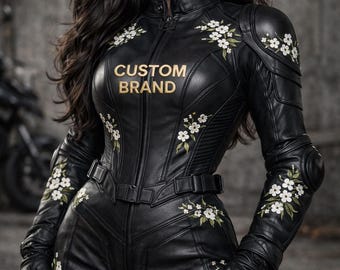 Custom Floral Leather Motorcycle Racing Suit with Kevlar Protection