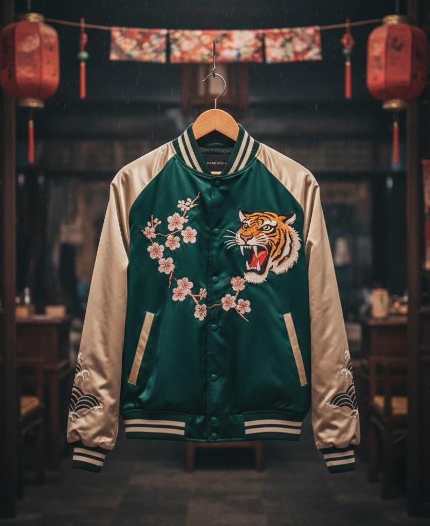 Tiger Cherry Blossom Sukajan Jacket – Green Satin Japanese