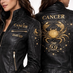 May include: Black leather jacket with gold accents. The jacket features the word "CANCER" and "DAVID" in gold lettering. The back of the jacket displays a gold crab zodiac symbol, the word "CANCER", and the number "69".