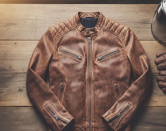 Chaqueta de moto Cafe Racer de cuero marrón personalizada: armadura de cuero vacuno genuino