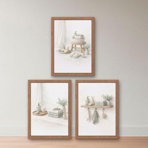 May include: Three framed prints depicting bathroom scenes. The top print shows a basket of towels, soap, and a small stool. The bottom left print shows towels, soap, and a vase. The bottom right print shows a shelf with towels and soap.