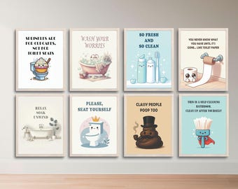 Set met grappige badkamerprints | Speelse muurkunst wasruimte (digitale download)