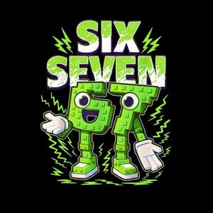 K&ouml;nnte beinhalten: Schwarzer Hintergrund mit den Worten "SIX SEVEN" in Wei&szlig; und Gr&uuml;n. Die Zahlen 6 und 7 sind mit Augen, Armen, Beinen und Schuhen personifiziert. Gr&uuml;ne Blitze und Akzente umgeben die Zahlen.
