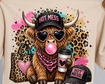 Hot Mess Highland Cow PNG, Trendy Cowgirl Sublimation Design, Cute Western Cow PNG, Leopard Print Cow, Bubblegum Cow png 300 DPI Transparent